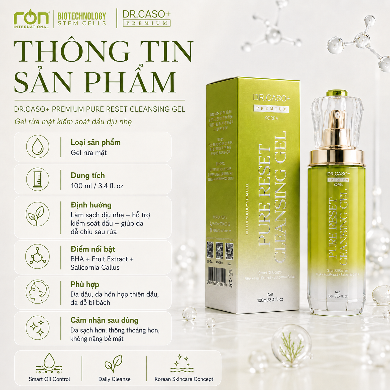 DR.CASO+ PREMIUM PURE RESET CLEANSING GEL/Gel Làm Sạch Dịu Nhẹ BHA &amp; Chiết Xuất Thiên Nhiên Cho Da Dầu – Hỗn Hợp